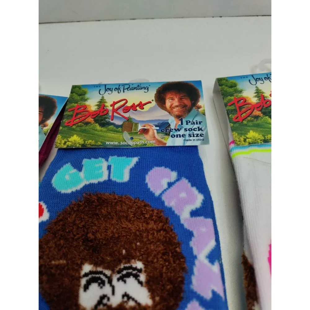 Bob Ross Set Of 3 Pairs Crazy Novelty Socks Happy Little Clouds Adult One Size